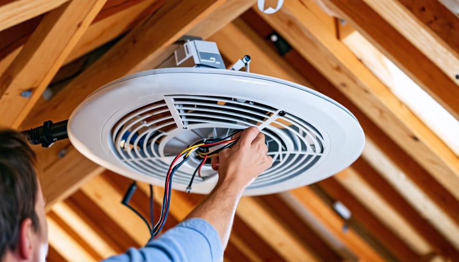 Close-up of hands wiring an attic fan during installation