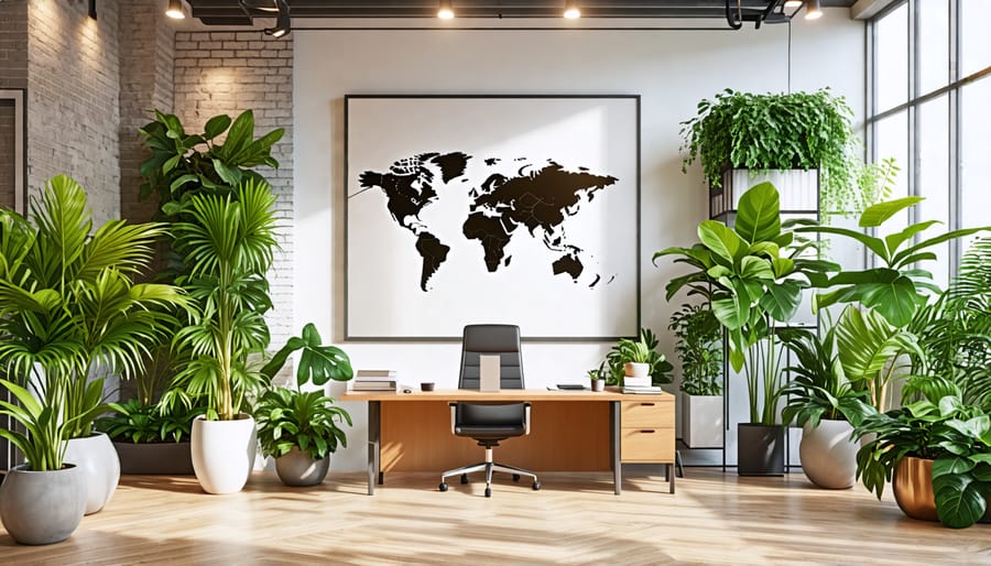 Biophilic office design with plants and natural elements