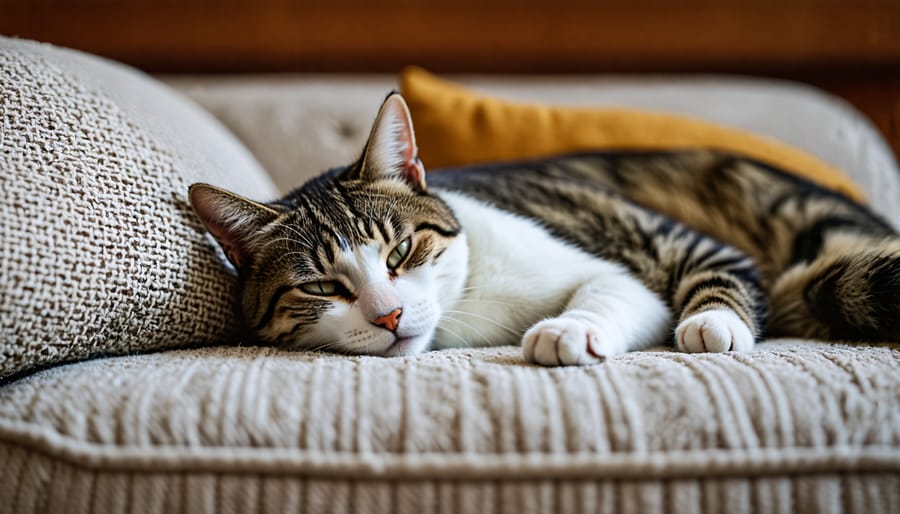 Tabby cat curled up and sleeping on a gray microfiber sofa