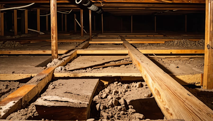 Rotted and sagging floor joists and subflooring in the crawl space of an old house