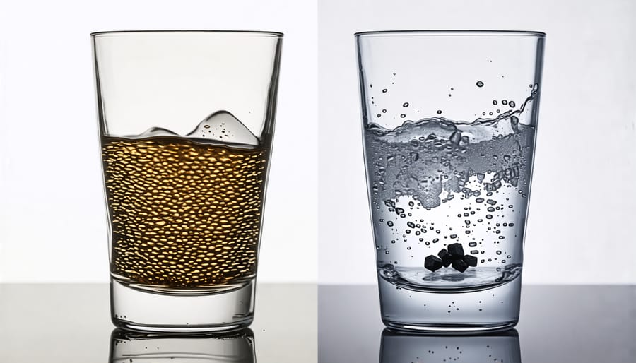 Dirty water and clean, charcoal-filtered water in glasses, illustrating the effectiveness of charcoal filtration