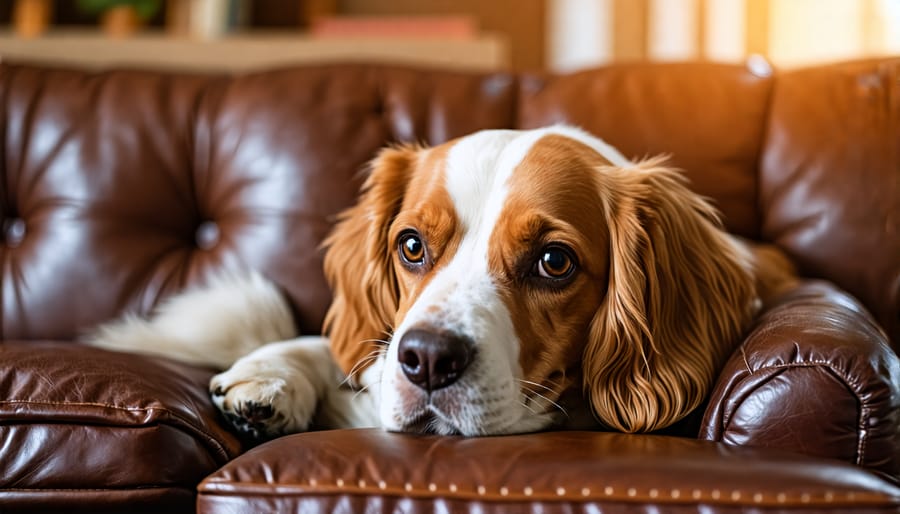 Golden retriever relaxing on a brown leather sofa