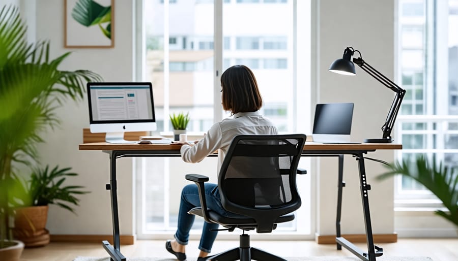 Ergonomic office workstation setup with adjustable desk and chair