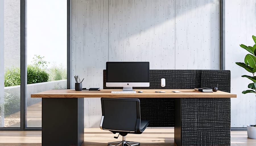 Home office workspace featuring a DIY fabric-covered desk divider