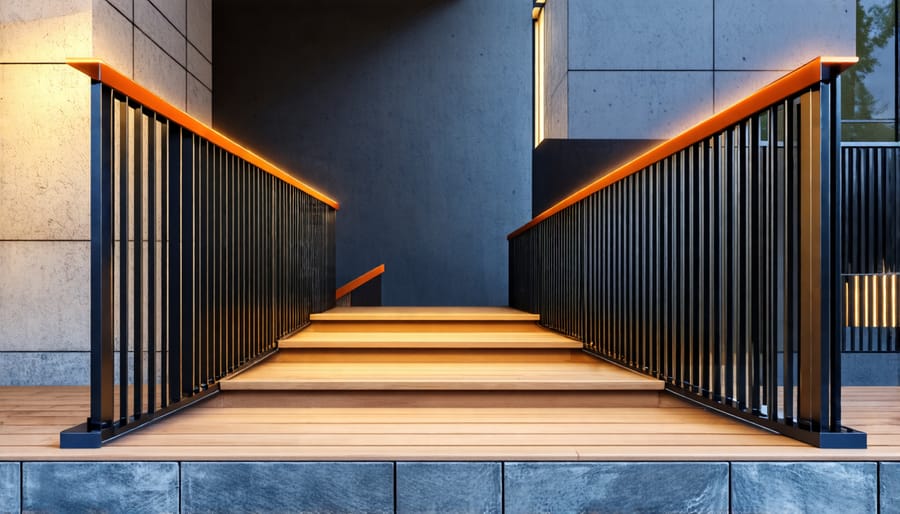 Modern staircase with a unique geometric patterned metal railing