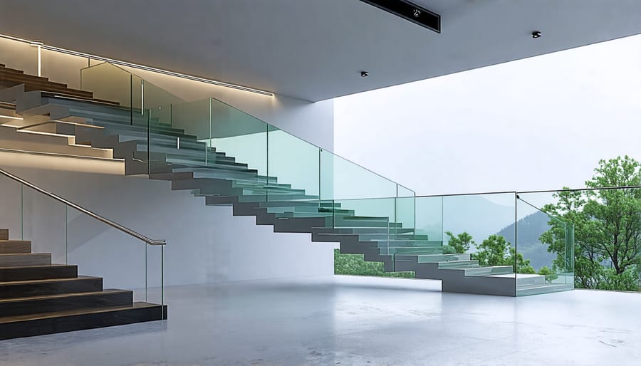 Floating staircase with clear glass panel railings in a contemporary home