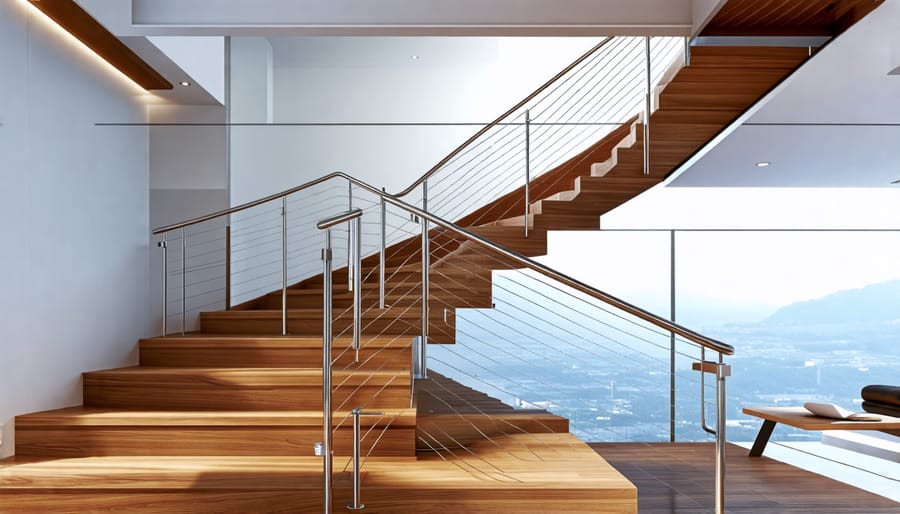 Contemporary staircase featuring horizontal stainless steel cable railings