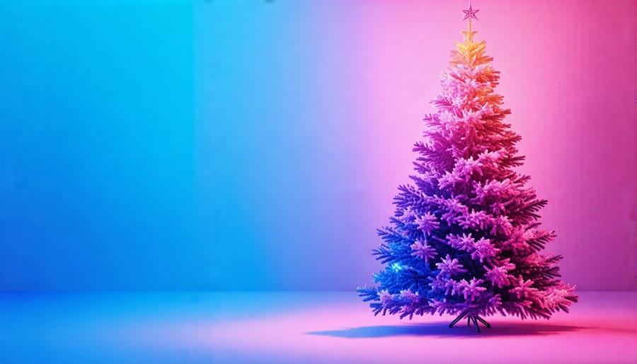 Trendy Christmas tree illuminated with ombre lights transitioning from pink to blue