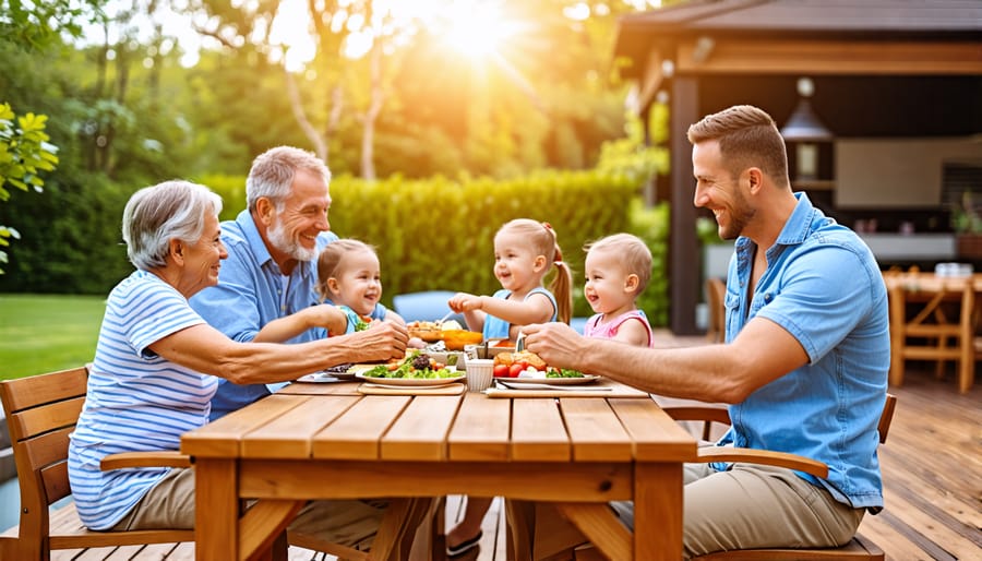 Family eating an al fresco meal on a wooden outdoor dining table and chairs