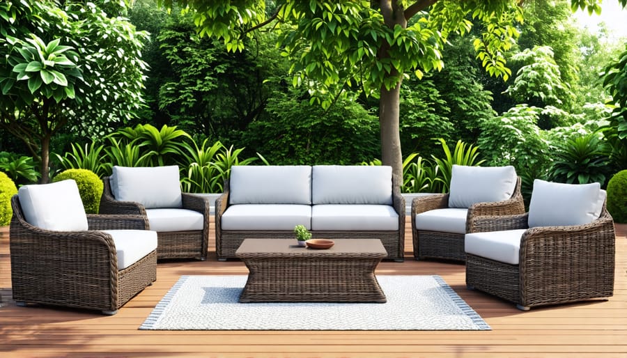 Collection of outdoor lounge seating furniture arranged on a deck