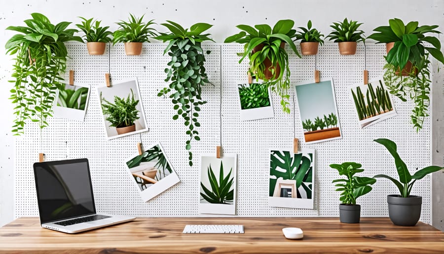 Custom pegboard desk divider decorated with plants, art, and mementoes