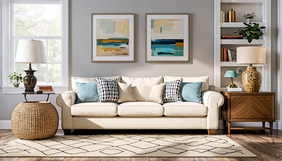 Modern living room with a canvas couch and colorful, removable slipcovers