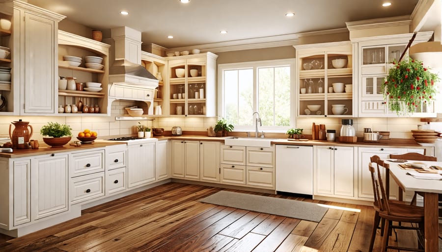 Cozy kitchen with white cabinets, wood floors, and open shelving