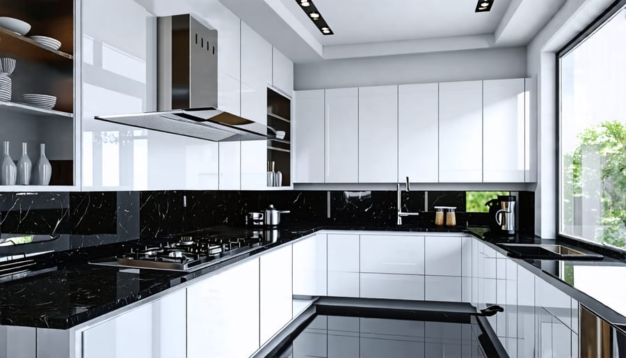 Modern kitchen featuring white cabinets and black countertops