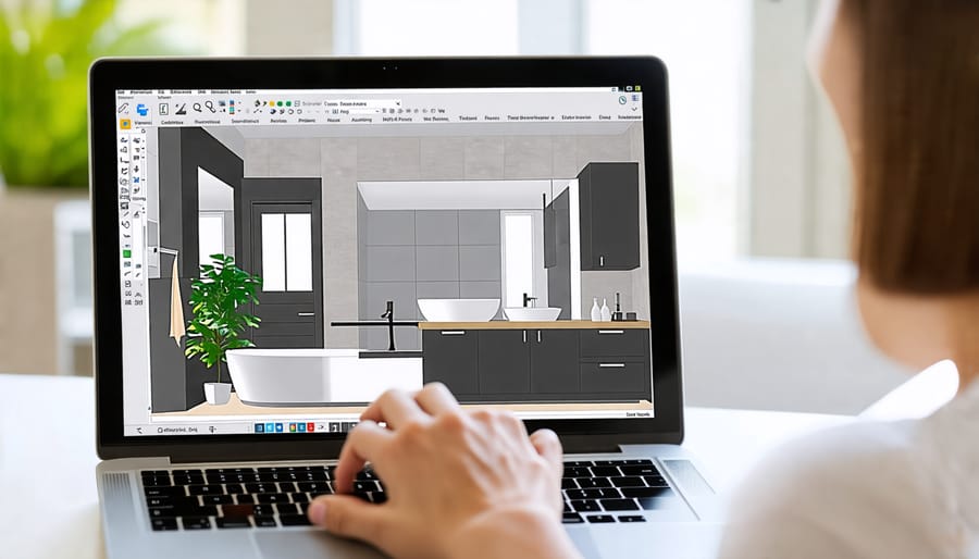 3D bathroom planner software interface showing a realistic bathroom rendering