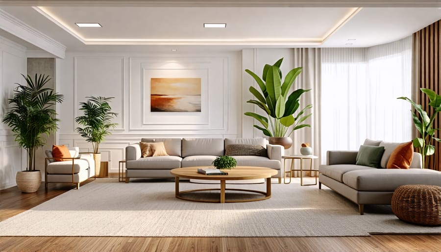 3D rendering of a modern living room with furniture and decorations