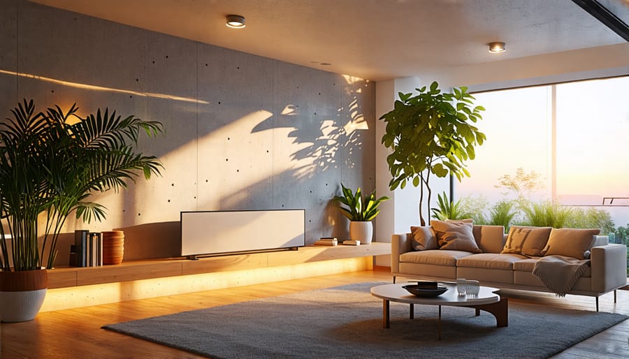 Living room illuminated by adaptive lighting that adjusts to the time of day