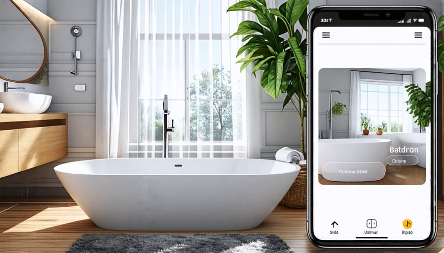 AR bathroom design app previewing virtual bathroom products in a real space