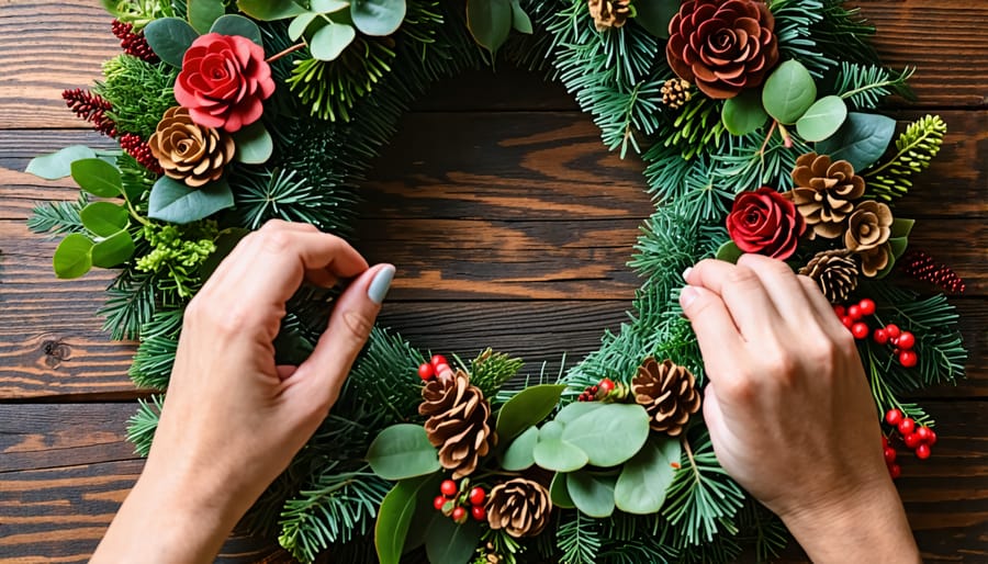 Demonstration of arranging floral elements on a spring wreath