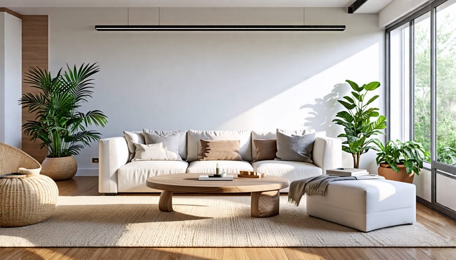 A living room demonstrating balance and harmony in interior design with symmetric furniture and cohesive colors.