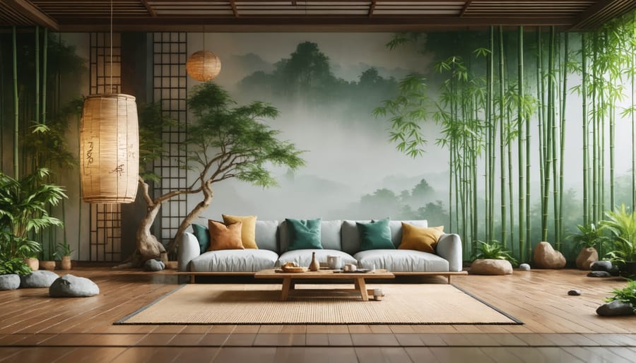 Stylish and eco-friendly living room with bamboo flooring and furniture