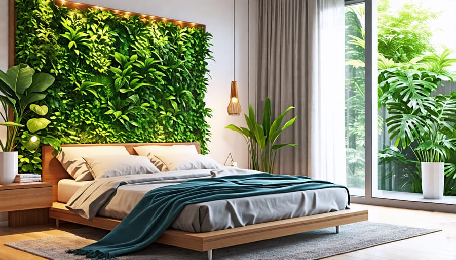 Eco-friendly bedroom featuring biophilic design elements and non-toxic finishes