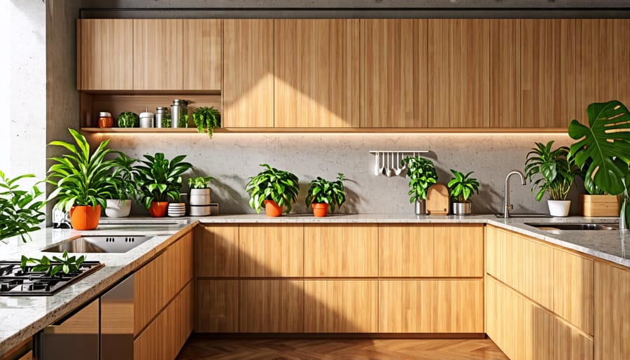 Kitchen with natural materials and abundant greenery