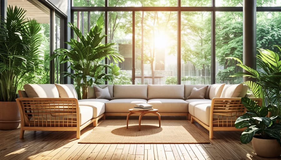 Living room with biophilic design elements including plants and natural materials