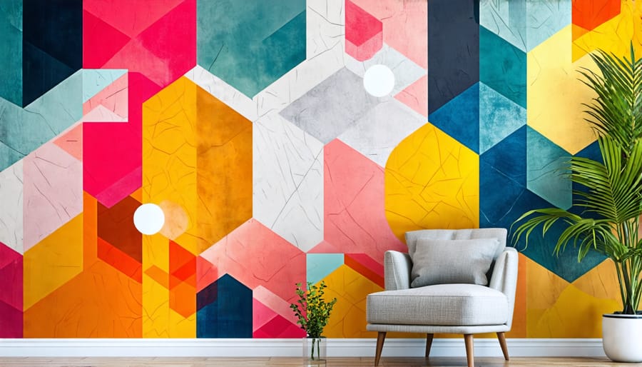 Interior design featuring a wall with bold geometric pattern wallpaper and vibrant colors