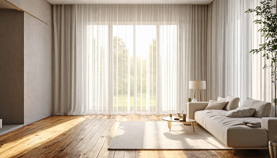 Light-filled room with gauzy curtains filtering sunlight