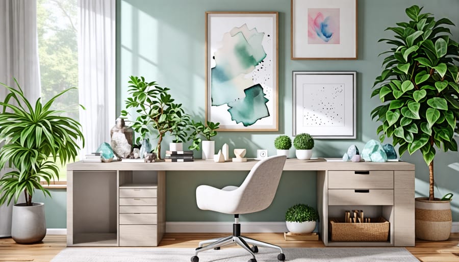 Serene home office with calming colors, mindful decor, and natural elements