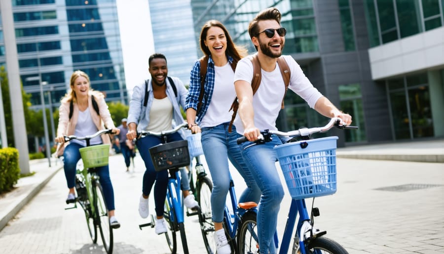 Smiling office workers commuting by bicycle in a city environment