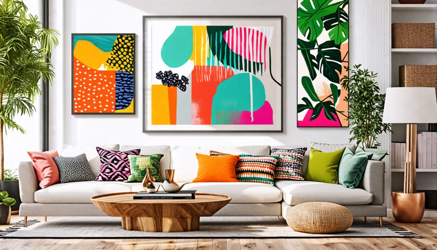 Assortment of vibrant home decor accents in a living room setting