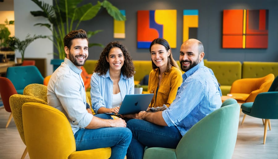 Engaged employees collaborating in a vibrant, art-filled workspace