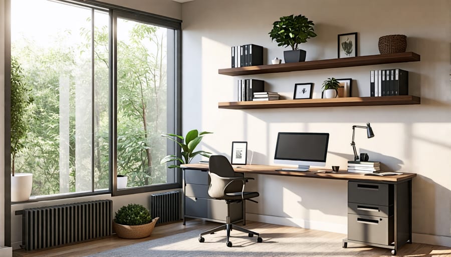 Compact home office with wall-mounted desk and floating shelves, showcasing space-saving design