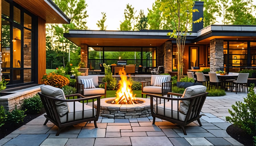 Intimate seating area around a glowing fire pit for evening conversation