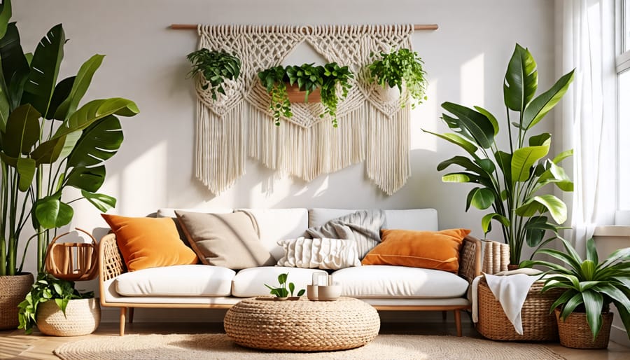 Cozy living room decorated with textiles like woven wall hanging and macrame