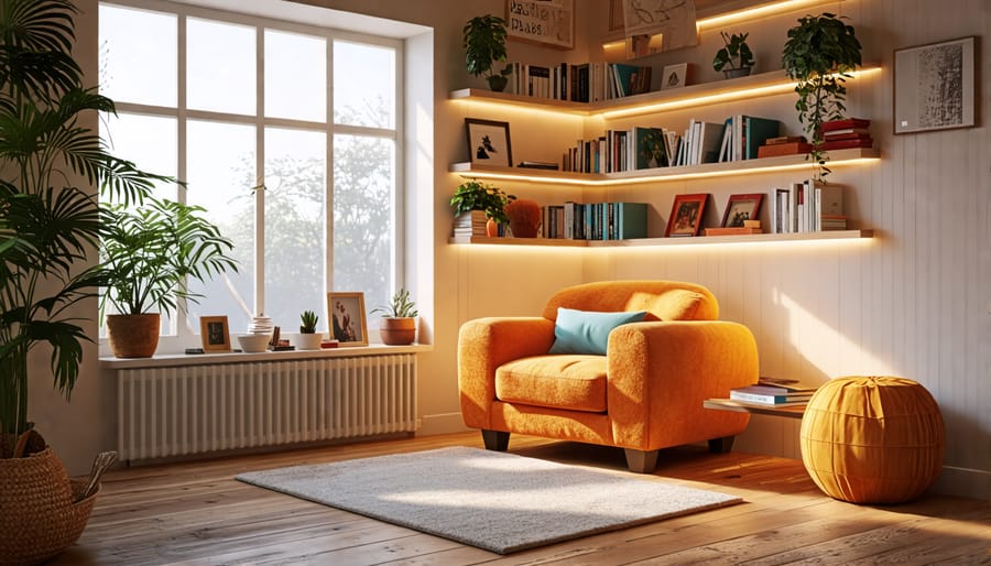 Inviting reading corner featuring a comfy chair and book storage