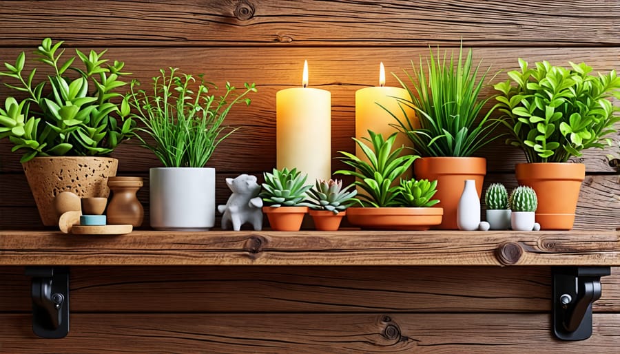 Cozy wall shelf with curated display of plants, candles, and mementos