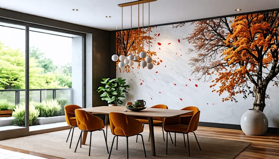 Dining room interior with a striking accent wall creating a focal point