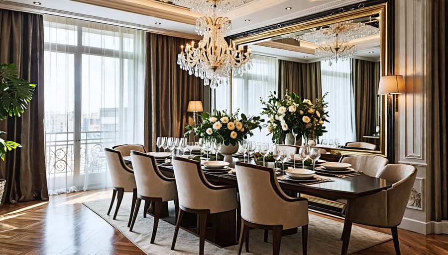 Sophisticated dining room enhanced by a strategically placed mirror