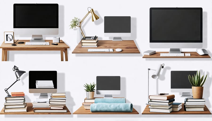 Various DIY solutions for enhancing desk ergonomics, such as using books and towels