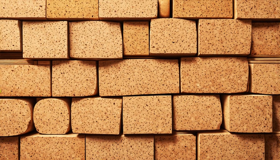 Close-up of a wall featuring eco-friendly cork and bamboo materials