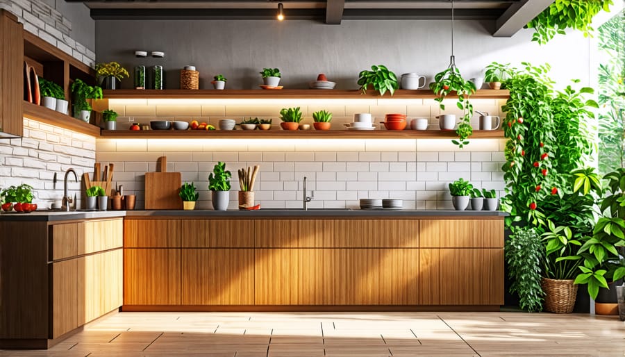 Kitchen interior with bamboo cabinetry and recycled glass countertops, exemplifying eco-friendly materials