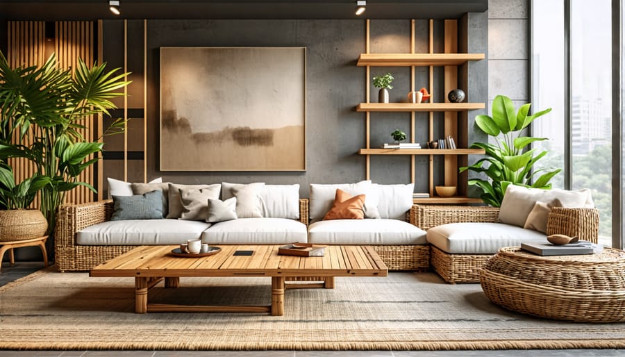 A contemporary living room featuring green design furniture like a bamboo coffee table