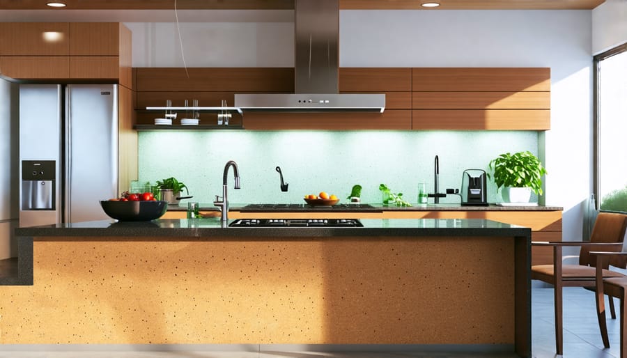 Eco-friendly kitchen featuring recycled glass, cork, and energy-efficient lighting