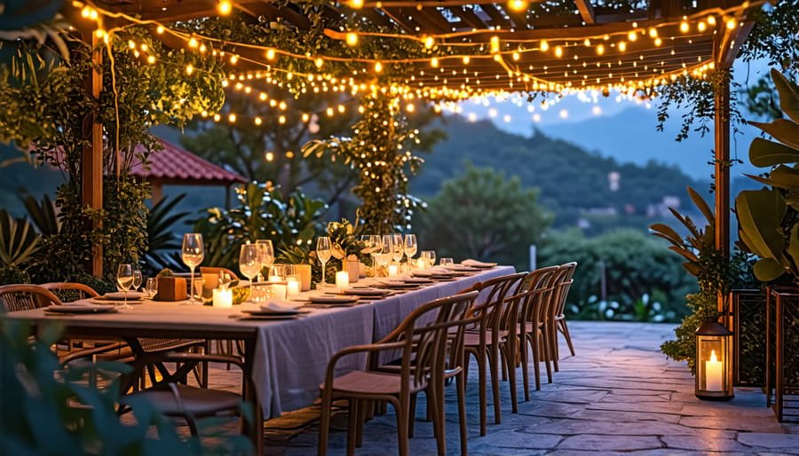 Inviting outdoor dining area featuring a spacious table and ambient lighting