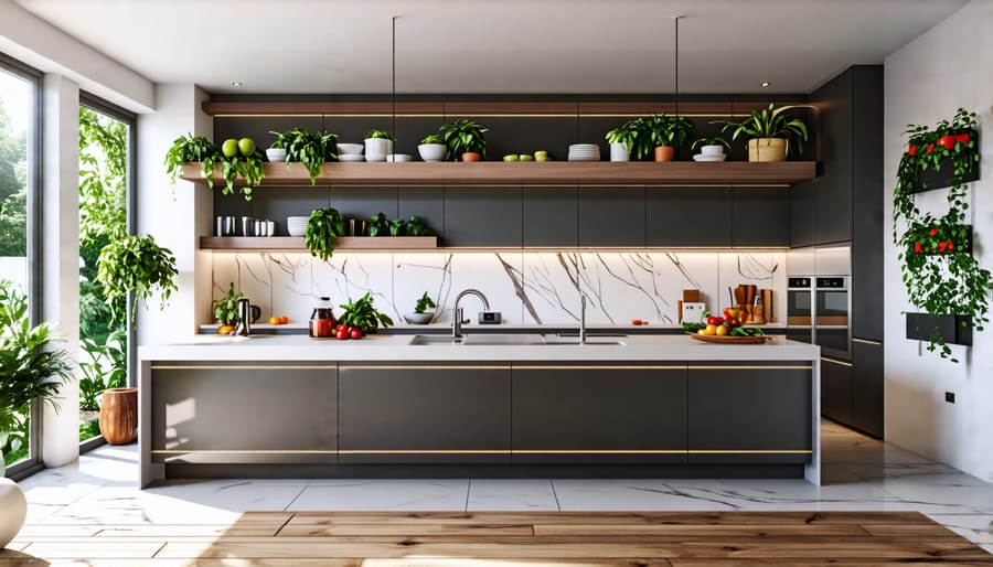 A contemporary kitchen showcasing energy-efficient appliances like a smart refrigerator and induction cooktop