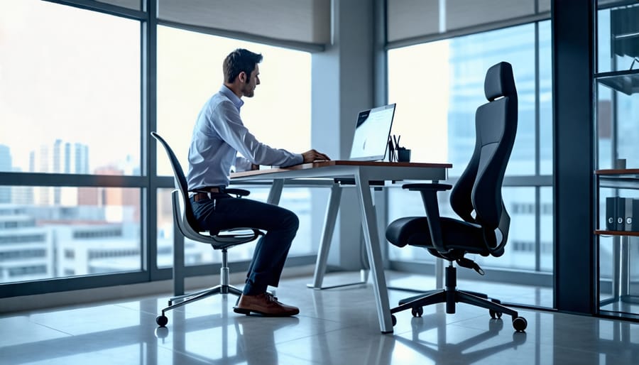 Proper ergonomic sitting posture at a desk with an adjustable chair