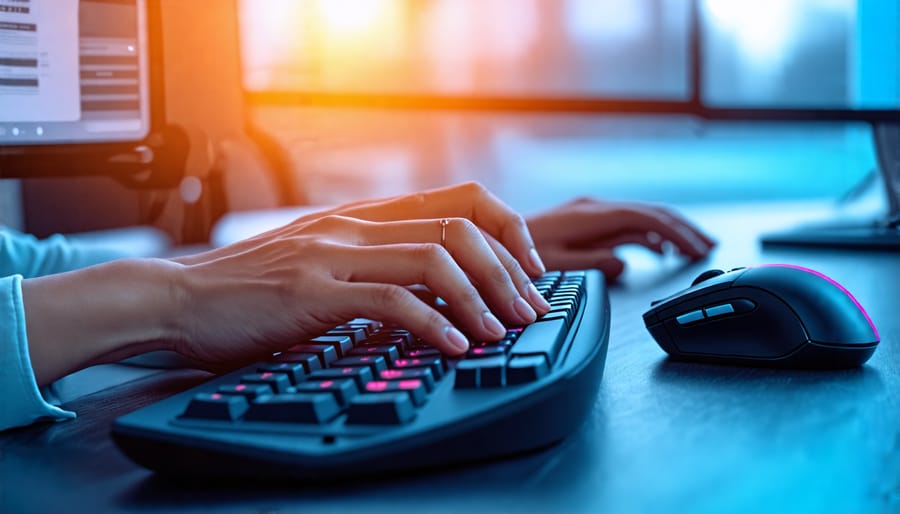 Demonstration of proper hand and wrist positioning with ergonomic keyboard and mouse